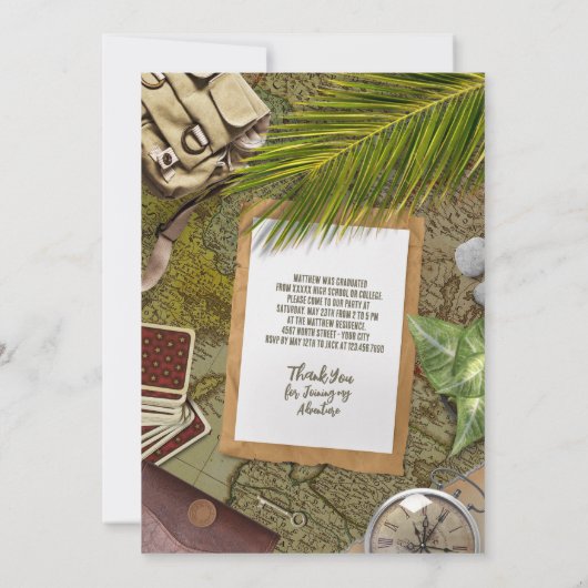 パーソナライズされたグリーン冒険家のテーマ卒業 招待状 (裏面)