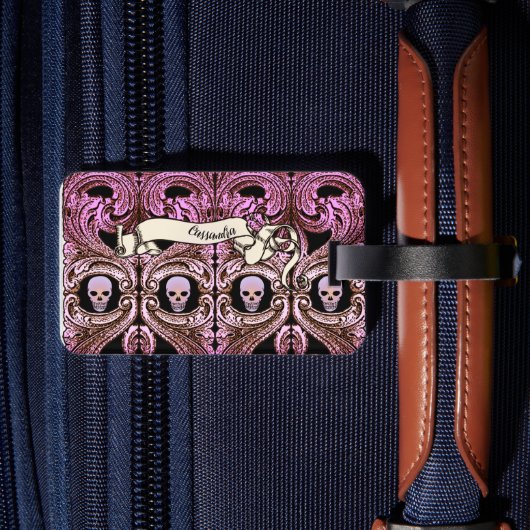 パーソナライズされたゴシックピンクオーナメント&Sk ラゲッジタグ (裏面インサイチュ2)