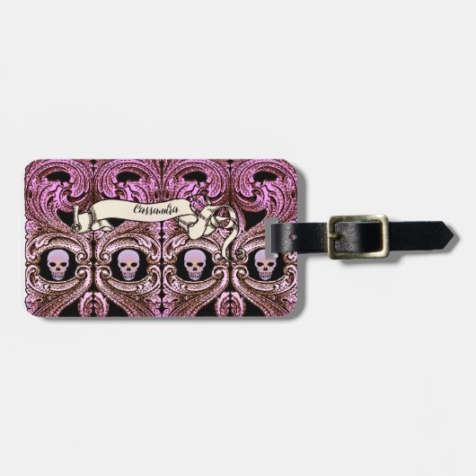 パーソナライズされたゴシックピンクオーナメント&Sk ラゲッジタグ (正面横)