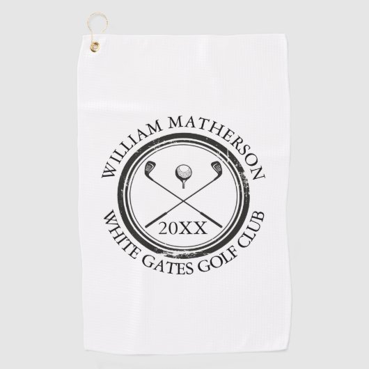 パーソナライズされたゴルファーの名前クラブ名と日付 ゴルフタオル (正面)