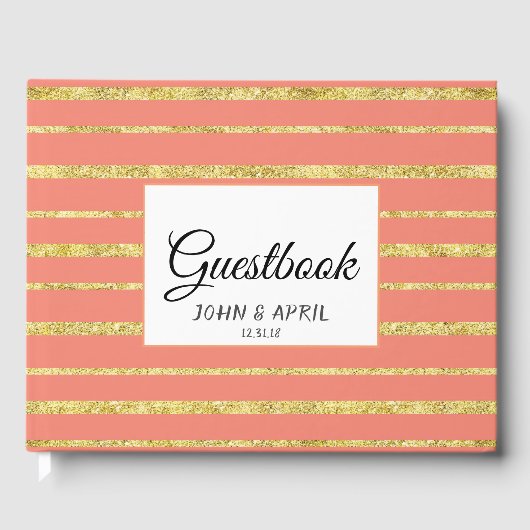 パーソナライズされたゴールドストライプとコーラルのゲストブック ゲストブック (正面)
