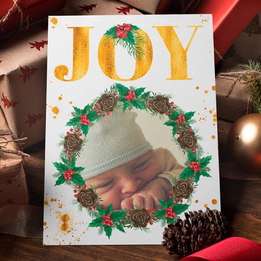 パーソナライズされたゴールドベイビーの初めてのクリスマス写真 案内状