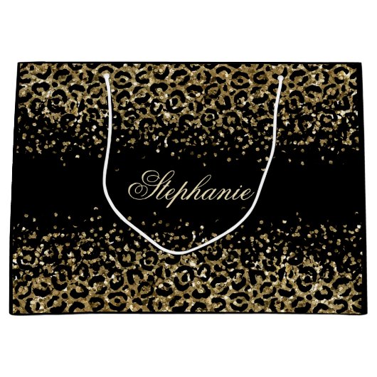 パーソナライズされたゴールド ブラック レオパード プリント グリッター ラージペーパーバッグ (正面)