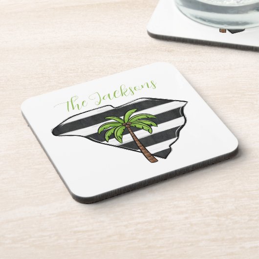 パーソナライズされたサウスカロライナ州のヤシの木のストライプ コースター (左側)