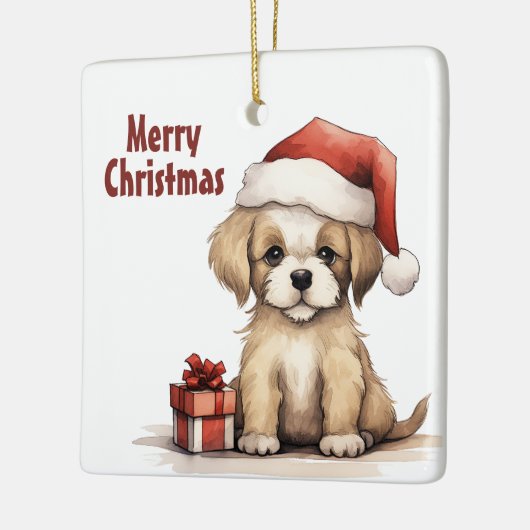 パーソナライズされたサンタハットのクリスマスで可愛い子犬 セラミックオーナメント (左)