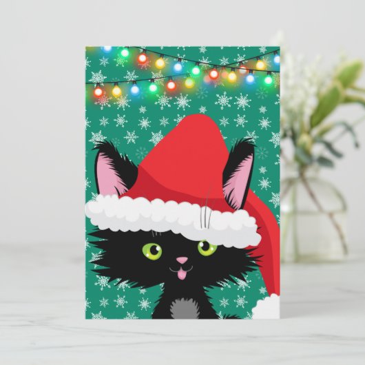 パーソナライズされたサンタハットのクリスマスキャット カード (スタンド正面)