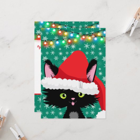 パーソナライズされたサンタハットのクリスマスキャット カード (正面/裏面インサイチュ)