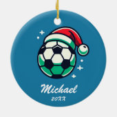 パーソナライズされたサンタハット付きクリスマスサッカーボール セラミックオーナメント (裏面)