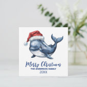 パーソナライズされたサンタ帽のイルカのクリスマス シーズンカード (スタンド正面)