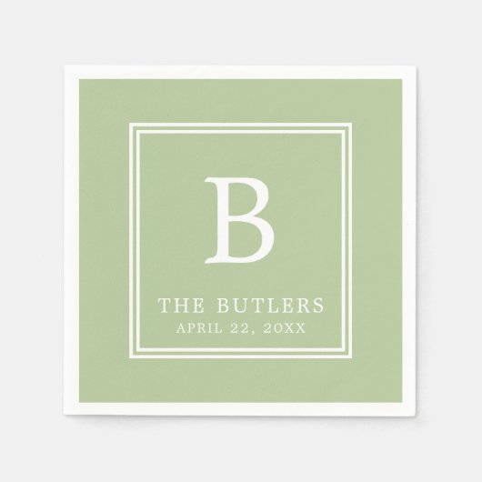パーソナライズされたサージグリーンのウェディングペーパーナプキン スタンダードカクテルナプキン (正面)