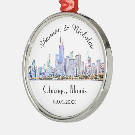 パーソナライズされたシカゴ結婚スカイライン メタルオーナメント (左)