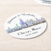 パーソナライズされたシカゴ結婚スカイライン ラウンドペーパーコースター (アングル)