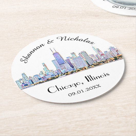 パーソナライズされたシカゴ結婚スカイライン ラウンドペーパーコースター (アングル)