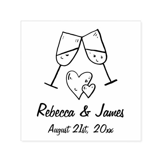 パーソナライズされたシャンパンとハート結婚の名前 セルフインキングスタンプ (デザイン)