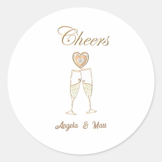 パーソナライズされたシャンパングラスとハート ラウンドシール (正面)