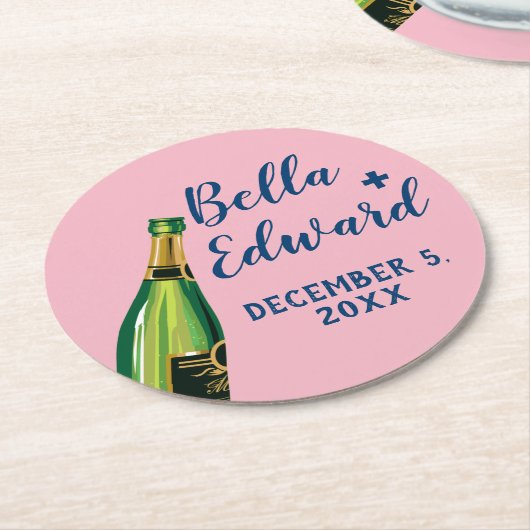 パーソナライズされたシャンパ結婚ーニュのコースター ラウンドペーパーコースター (アングル)