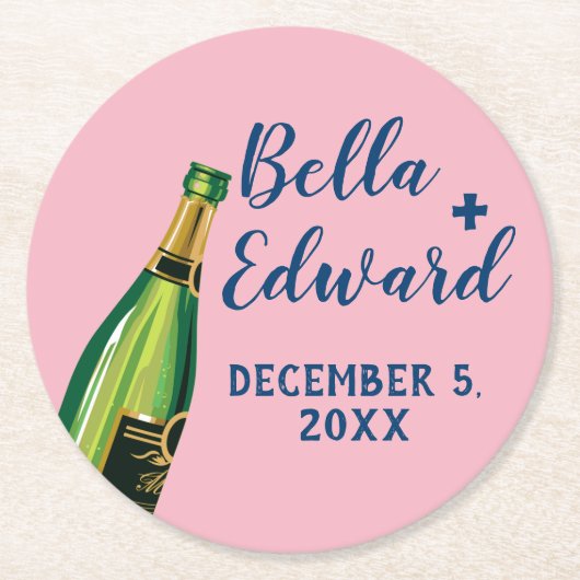 パーソナライズされたシャンパ結婚ーニュのコースター ラウンドペーパーコースター (正面)