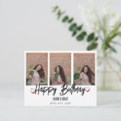 パーソナライズされたシンプルな誕生日スタイリッシュな3枚の写真 ポストカード (スタンド正面)