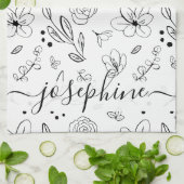 パーソナライズされたシンプル白黒花 キッチンタオル (折り畳み)