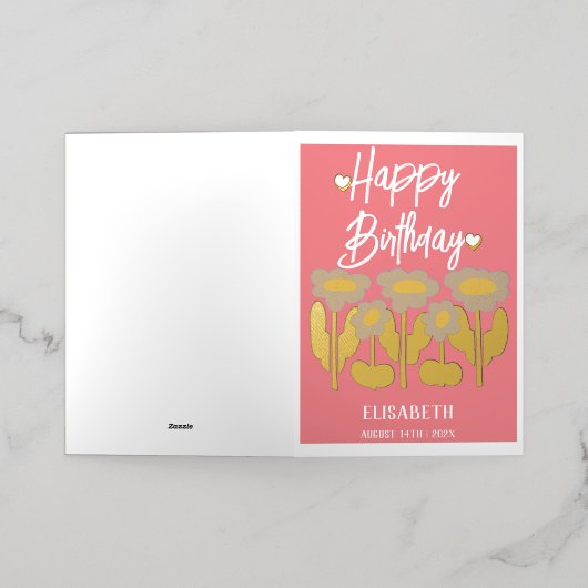 パーソナライズされたシンプル紫フローラ雌誕生日 箔グリーティングカード (外側レイダウン)