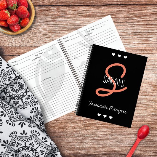 パーソナライズされたシンプル黒スクリプトモノグラムレシピ ノートブック