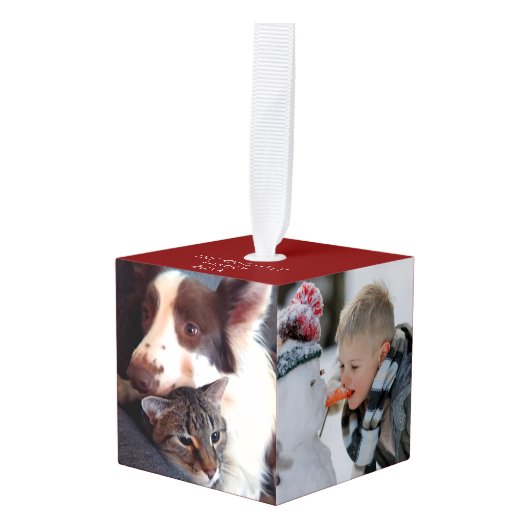 パーソナライズされたシンプル4枚赤 キューブオーナメント (正面アングル)