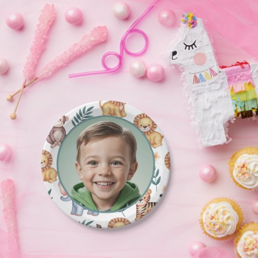 パーソナライズされたジャングルサファリの動物の縁ど写真 ペーパープレート (パーティー)