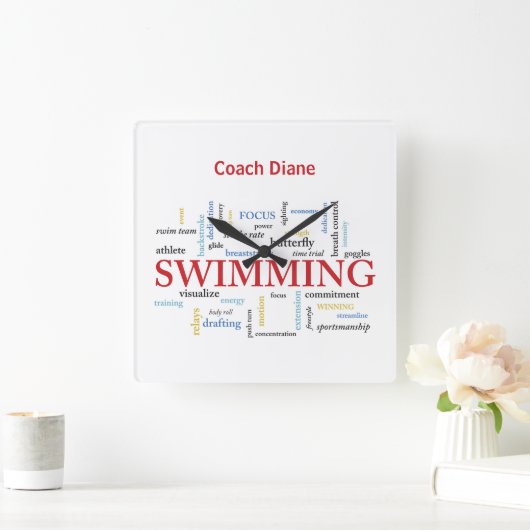 パーソナライズされたスイミングコーチ言葉で感謝 スクエア壁時計 (ホーム)