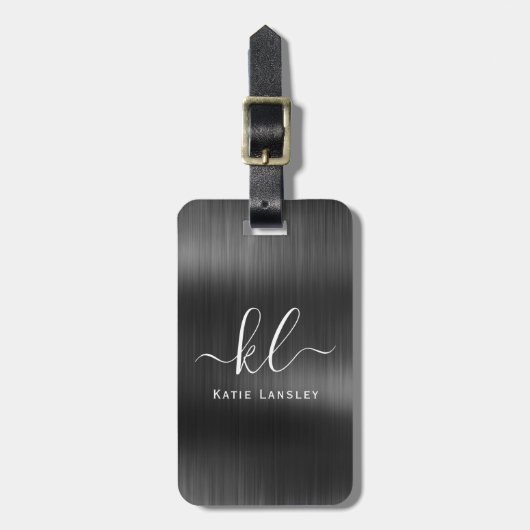 パーソナライズされたスクリプエレガントト黒メフェイクタル ラゲッジタグ (正面縦)