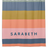 パーソナライズされたストライプのモダン消音ブルー桃ピンク シャワーカーテン (正面)