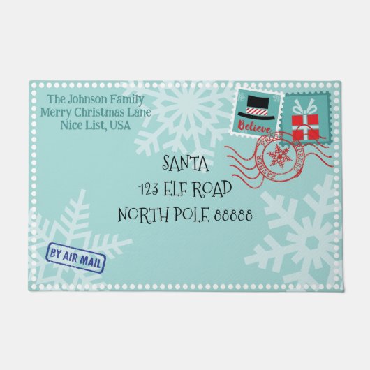 パーソナライズされたスノーフレークサンタレタークリスマス ドアマット (正面)