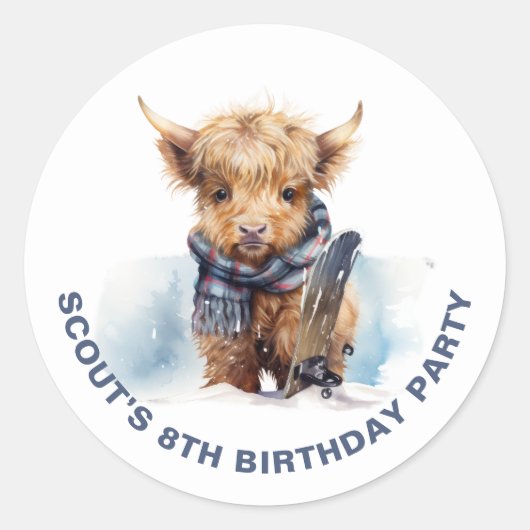 パーソナライズされたスノーボーディングハイランド牛シール ラウンドシール (正面)