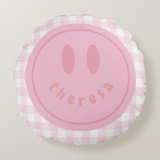 パーソナライズされたスマイリーフェイスhappyスマイル名 ラウンドクッション (正面)