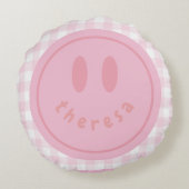 パーソナライズされたスマイリーフェイスhappyスマイル名 ラウンドクッション (裏面)