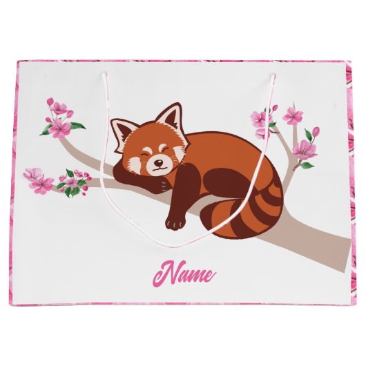 「パーソナライズされたスリーピーレッドパンダ」さくらんぼ ラージペーパーバッグ (正面)