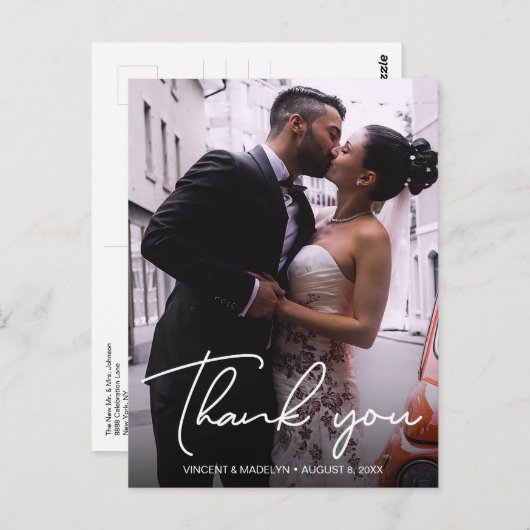 パーソナライズされたタイポグラフィの写真結婚に感謝 ポストカード (正面/裏面)