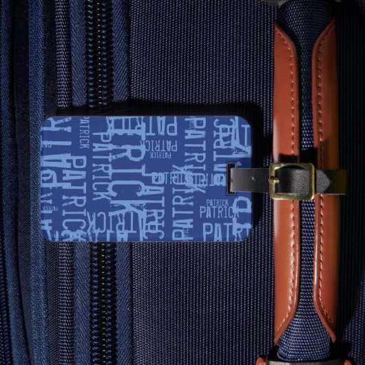 パーソナライズされたタイポグラフィの青い名前パターン ラゲッジタグ (正面インサイチュ4)