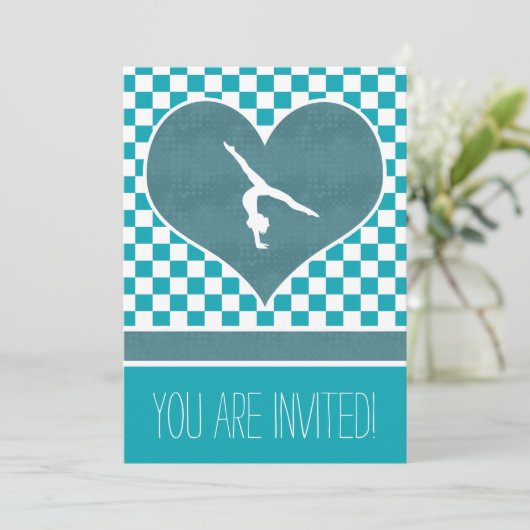 パーソナライズされたターコイズグリーンチェックの体操 招待状 (スタンド正面)
