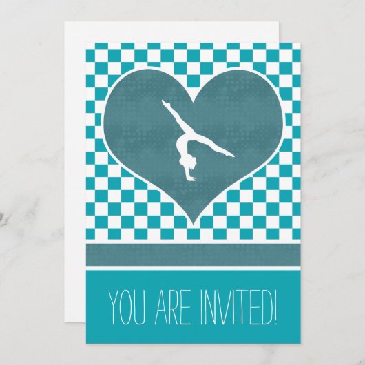パーソナライズされたターコイズグリーンチェックの体操 招待状 (正面/裏面)