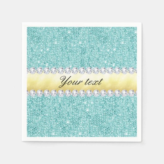 パーソナライズされたターコイズシークイン金ゴールドダイヤモンド スタンダードカクテルナプキン (正面)