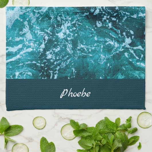パーソナライズされたターコイズ海と波引っ越し祝いパーティー キッチンタオル (折り畳み)