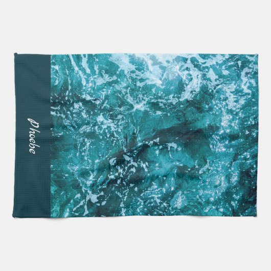 パーソナライズされたターコイズ海と波引っ越し祝いパーティー キッチンタオル (横)