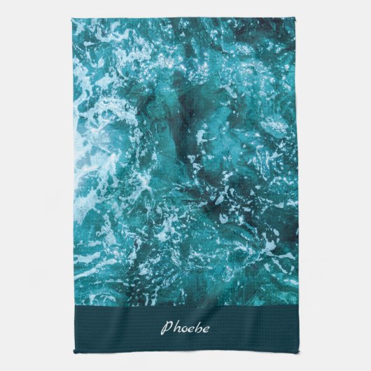パーソナライズされたターコイズ海と波引っ越し祝いパーティー キッチンタオル (縦)