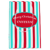 パーソナライズされたターコイズ赤と白抱き枕 ミディアムペーパーバッグ (正面)