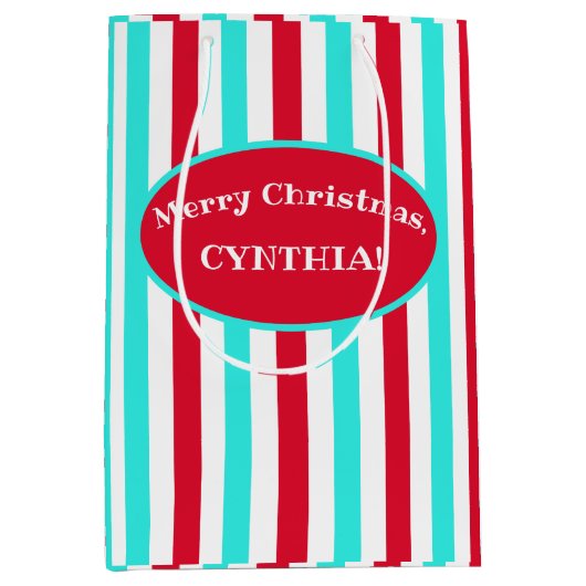 パーソナライズされたターコイズ赤と白抱き枕 ミディアムペーパーバッグ (正面)