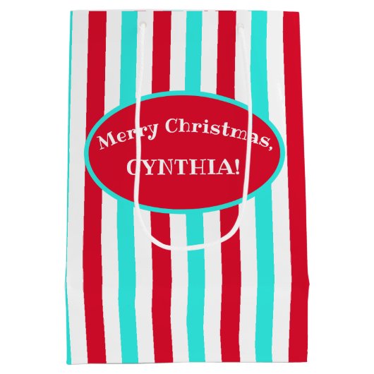 パーソナライズされたターコイズ赤と白抱き枕 ミディアムペーパーバッグ (裏面)