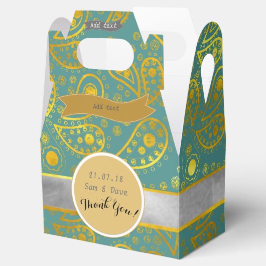 パーソナライズされたターコイズ金ゴールドペイズリーゲーブル フェイバーボックス (オープン)