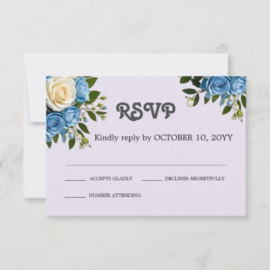 パーソナライズされたダスティーブルーとアイボリーの花 出欠カード (正面)