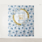 パーソナライズされたダスティーブルー スウィートシックスティーン ゴールドグリッター タペストリー (正面)