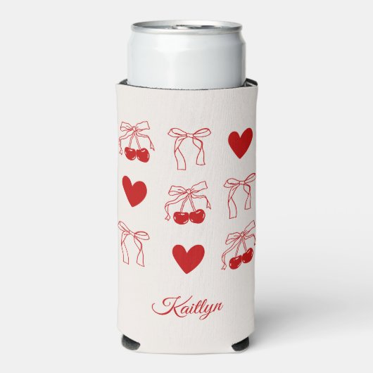 パーソナライズされたチェリーボウ ブライズメイドパーティー カスタム スリム缶クーラー (Seltzer正面)